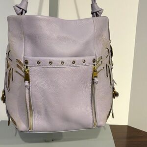 The Sak Lavender Leather Shoulder Bag with Gold Floral Accents